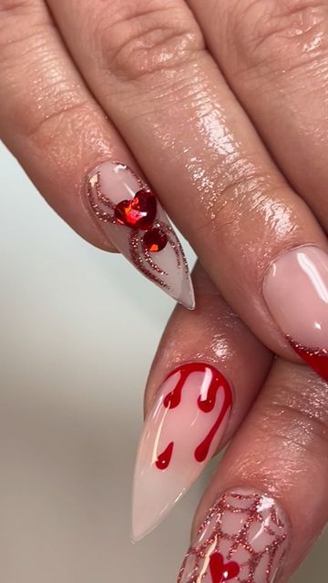 Heather Buzzell on Instagram: "🩸🕷️ Happy Valentines Day 🕷️🩸 . Products Used: •Submission •Bad Romance •Luxa Flash Glitz ‘Ruby’ •Luxa Shine No-Wipe Top Coat ❤️Discount code: handittoheather at checkout when shopping with luxapolish and save on your entire order . #nail #naildesign #nails2inspire #nailartist #nailpolish #nailswag #nailsnailsnails #nails #nailsofinstagram #nailstagram #nailart #valentinesday #valentinesnails #february #love #goth #spooky #halloweennails #spider #glitter #fyp #trending #luxapolish #reelsinstagram #reels #reelsvideo #luxaaf #nailpro #spicy" Red Spider Nails, Red Spooky Nails, Red Blood Nails, Goth Nails Ideas, Gore Nails, Blood Splatter Nails, Flash Nails, Spider Nails, Nails Spooky