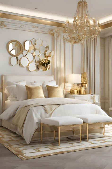 Minimalist Bedroom Gold Accents, White And Gold Guest Bedroom, Modern Classic Bedroom Design Luxury, Bedroom Ideas White And Gold, Bedroom Gold Accents, Elegant Bedroom Aesthetic, Gold Bedroom Aesthetic, Bedroom Modern Ideas, White And Gold Bedroom Ideas