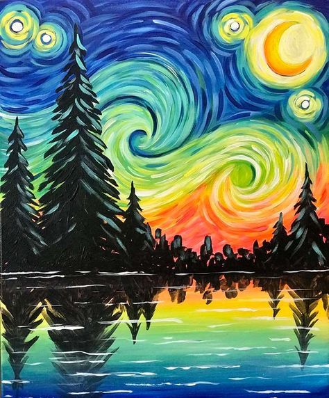 Paintings Simple, Easy Landscape, Night Lake, Easy Landscape Paintings, Starry Night Art, Arte Van Gogh, Easy Canvas Painting, Simple Acrylic Paintings, Night Painting