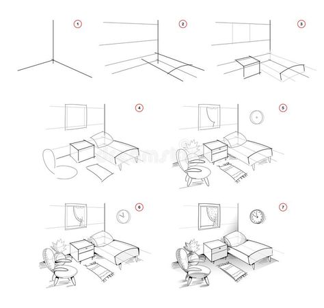 How To Sketch A Room Design, Drawing Of A Bedroom, Room Pov Sketch, Bedroom Sketch Perspective, Draw Bedroom Sketches, 3d Drawing Tutorial, Step By Step Sketches, Sketchbook Ideas Inspiration, Disney Drawing Tutorial