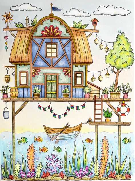 Creative House Drawing, Beautiful Things To Draw Nature, Cottage House Drawing, Cute House Drawing, Fairy House Drawing, House Drawing For Kids, House Doodle, Series Of Books, Storybook Art