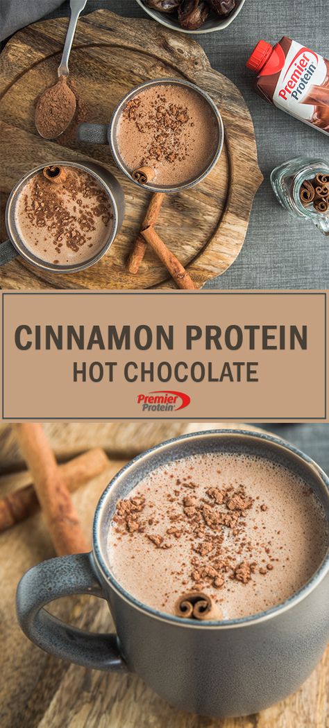 Protein Hot Chocolate, Protein Shake Chocolate, Premier Protein Recipes, Premier Protein Shake, Protein Drink Recipes, Cinnamon Hot Chocolate, Vsg Recipes, Premier Protein Shakes, Protein Shakes Recipes