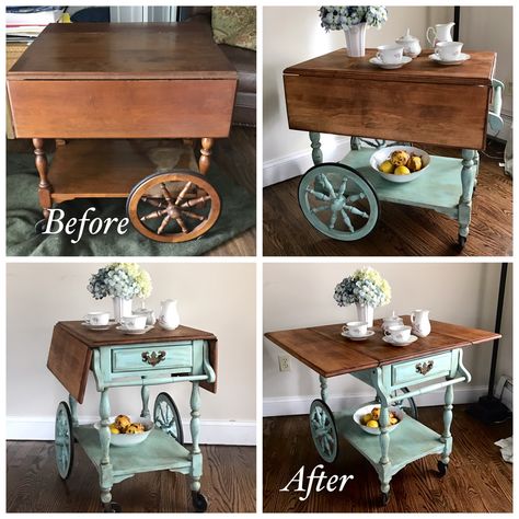 Vintage Tea Cart Makeover with Annie Sloan Provence & Old White Chalk Paint. This tea cart belonged to my husbands grandparents. I'm so happy it's found a place in our home. ❤#knottooshabbyny #chalkpaint #anniesloan Wood Tea Cart Makeover, Tea Cart Coffee Bar, Tea Cart Decor Display, Old Bar Cart Makeover, Refinished Tea Cart, Diy Tea Cart, Teacarts Makeover, Antique Tea Cart Makeover, Vintage Tea Cart Ideas