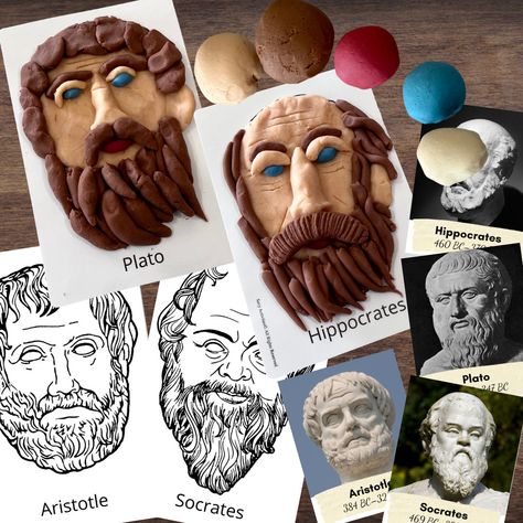 "Learn about four of the major Greek philosophers with our Plato (Playdough) Mats - Ancient Greece was inarguably affected by the teachings of many renowned philosophers, whose works continue to shape physics, logic, and ethics. Three of the most famous include Socrates, Plato & Aristotle. Hippocrates is known for his incredible early work paving the way for modern medicine. Statutes of these persons are all that is accurately left of their features. Children can use their creativity as they use Greek Activities For Kids, Ancient Greek School Project, Ancient Greece Display Ks2, Ancient Greece Ks2, Ancient Greece Display, Ancient Greece Projects, Ancient Greece For Kids, Greek Crafts, Greek Philosophers