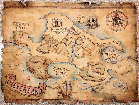 Neverland Map, Neverland Nursery, Fantasy Map Making, Fantasy World Map, Treasure Maps, Old Maps, Fantasy Map, Pirate Party, Old Map