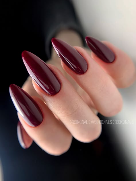 Deep Red Acrylic Nails Almond, Red Wine Almond Nails, Nail Inspo Gel Polish, Gel Red Nails, Wine Nails Designs, Dark Red Almond Nails, Bordo Nails, Red Nails Almond, Winter Nail Trends