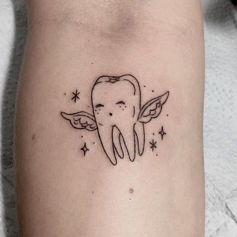 Little flying tooth tattoo Tooth Fairy Tattoo, Tooth Tattoo Ideas, Tooth Tattoo, Party Tattoos, Whitening Teeth, Whiter Teeth, Fly With Me, Kawaii Tattoo, Poke Tattoo