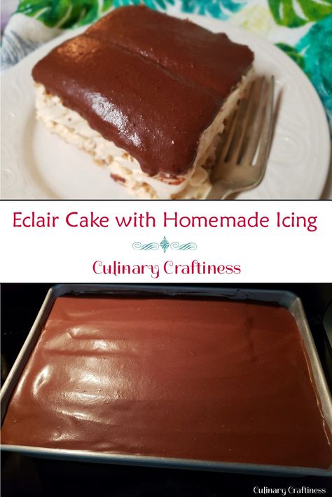 Easy No-Bake Eclair Cake with Homemade Chocolate Icing – Culinary Craftiness Homemade Chocolate Icing, Tennis Biscuits, No Bake Eclair, Chocolate Eclair Recipe, Chocolate Eclair Dessert, Cooked Frosting, Eclairs Dessert, No Bake Eclair Cake, Eclair Cake Recipes