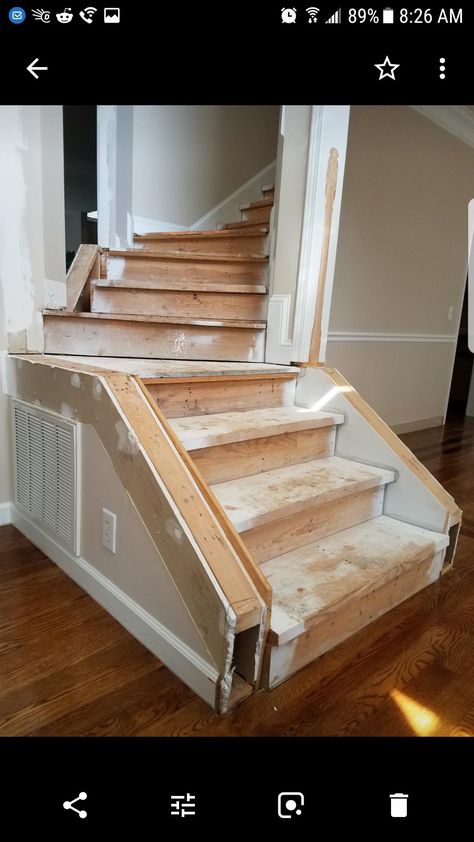 Converting closed tread stairs to open tread stairs - Home Improvement Stack Exchange Open Staircase To Attic, Open Stringer Staircase, Stair Opening Ideas, Opening A Closed Staircase, Replacing A Spiral Staircase With Stairs, Changing Stairs Direction, Fixing Steep Staircase, Widen Stairs, Closed Stringer Staircase