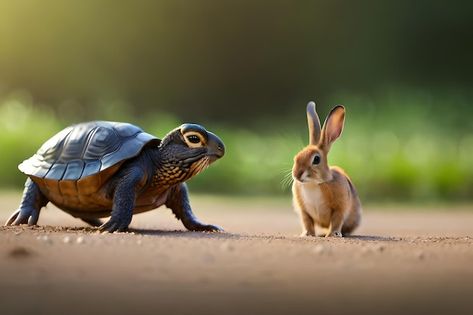 Rabbit And Tortoise, Turtle Vector, Dark Green Wallpaper, Concept Photography, Green Wallpaper, Vector Photo, On The Ground, Premium Photo, Wildlife Photography