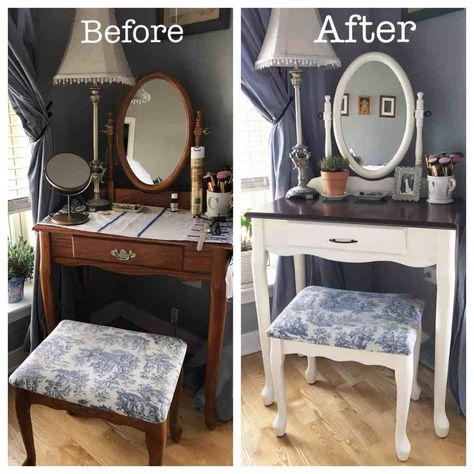 DIY Vanity Makeover with Annie Sloan Chalk Paint - My Petite Joys Redo Vanity Makeup, Refurbished Makeup Vanity, Diy Vanity Makeover, Refurbished Vanity, Vanity Redo, Diy Vanity Table, Old Vanity, Oak Vanity, Vanity Makeover