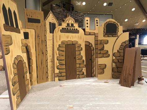 Cardboard Stage Props, Diy Nativity Play Props, Vbs Town Of Bethlehem Scenery, Bethlehem Stage Design, Home Town Nazareth Vbs, Play Props Stage Design, Diy Bethlehem Village, Bible Party Decorations, Christmas Play Stage Design