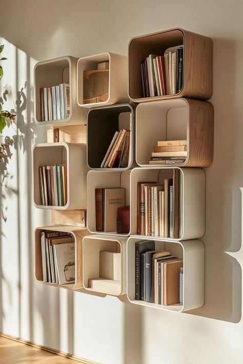 Wall Mount Book Shelf Ideas, Wall Hung Bookshelves, Bookshelves Small Space, Display Shelf Ideas, Bookshelves Inspiration, Bookshelf Wall Mounted, Mounted Bookshelves, Floating Bookcase, Repurposed Ladders