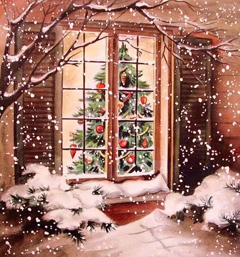 Christmas window card.                                                                                                                                                     More Holiday Card Diy, Vintage Merry Christmas, Christmas Windows, Snow Falling, Vintage Christmas Images, Merry Christmas Vintage, Old Fashioned Christmas, Holiday Postcards, Christmas Past