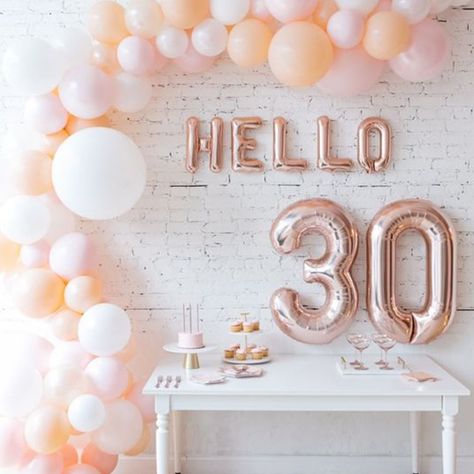 Hello 30 Birthday Themed Parties, My 30th Birthday Quotes, 30 Birthday Balloon Ideas, 30th Birthday Ideas For Women Decoration, 30 Birthday Decoration For Women, Pink And White Birthday Decor, 30 Birthday Decor, 30 Birthday Balloons, 30th Balloons