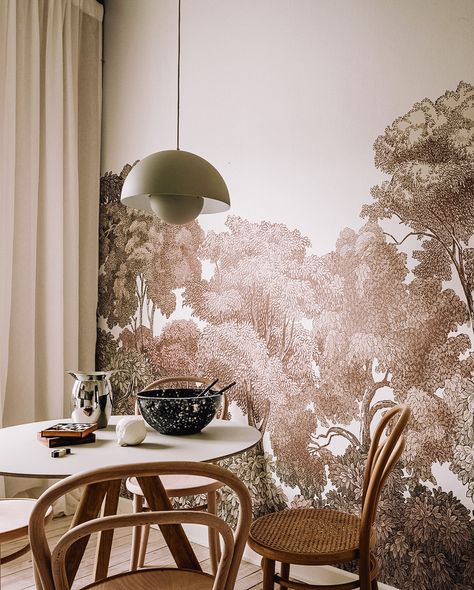 Forest Accent Wall, Forest Dining Room, Red Wallpaper Ideas, Forest Dining, Moody Dining Room, Rust Wallpaper, Wallpaper Designs For Walls, Wallpaper Forest, Dining Room Area