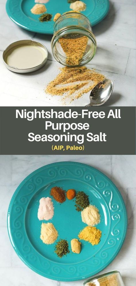 This lovely nightshade-free seasoning salt is a blend of various AIP compliant ingredients that can be used on chicken, beef, fish, pork, vegetables, and many other foods. It is AIP/Paleo, gluten-free, dairy-free, and easily made Whole30 by excluding the coconut sugar. #seasoning #aip #paleo #whole30 #glutenfree #spices #diyseasoning #nightshadefree #seedfree Cinnamon Dressing, Nightshade Free Recipes, Autoimmune Paleo Diet, Fish And Vegetables, Autoimmune Paleo Recipes, Drying Cilantro, Aip Paleo Recipes, Paleo Foods, Burger Seasoning