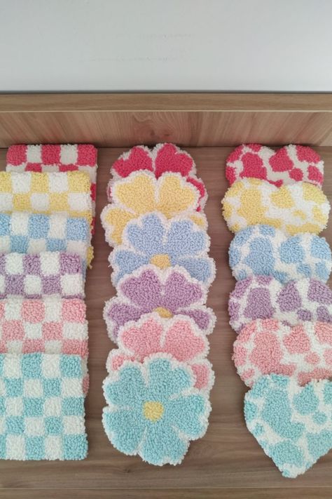 Checkered Kitchen Decor, Checkered Mug, Checkered Kitchen, Pattern Punch Needle, Punch Needle Coaster, Danish Pastel, Handmade Coasters, Pastel Flowers, Cow Pattern