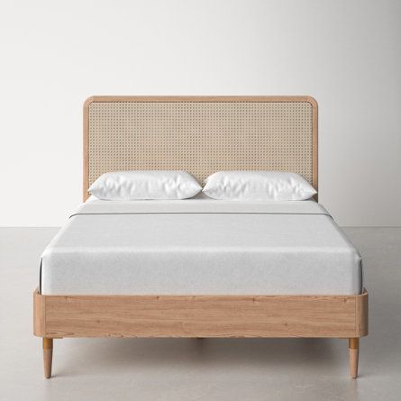 AllModern Diane Bed | Wayfair Bed Frames Wooden, Coastal Bedroom Furniture Ideas, Beachy Bed Frame, Cane Headboard Bedroom, King Bed Headboard, Cane Bed, College House, Wicker Headboard, Solid Wood Bed