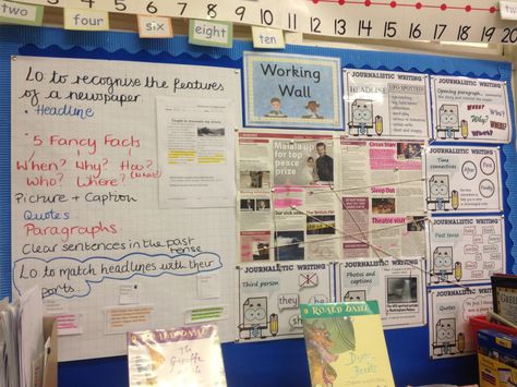 Year 3 Literacy Working Wall - Newspaper Writing Spring 2013/2014 Classroom Displays Ks2, Literacy Working Wall, Wall Newspaper, Newspaper Writing, Year 4 Classroom, Ks2 Classroom, Teaching Displays, Working Wall, Visible Learning