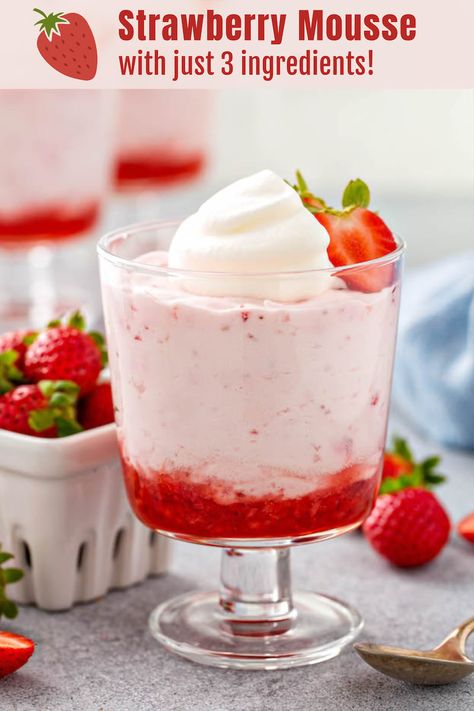 This fluffy, rich and creamy Strawberry Mousse is made with just three ingredients and is absolutely loaded with fresh strawberry flavor in each bite! #mousse #strawberries #nobake Strawberry Mousse Recipe, Mousse Recipes Easy, Three Ingredient Recipes, Strawberry Mousse, Mousse Dessert, Make Ahead Desserts, Strawberry Flavor, Mousse Recipes, Easy Strawberry