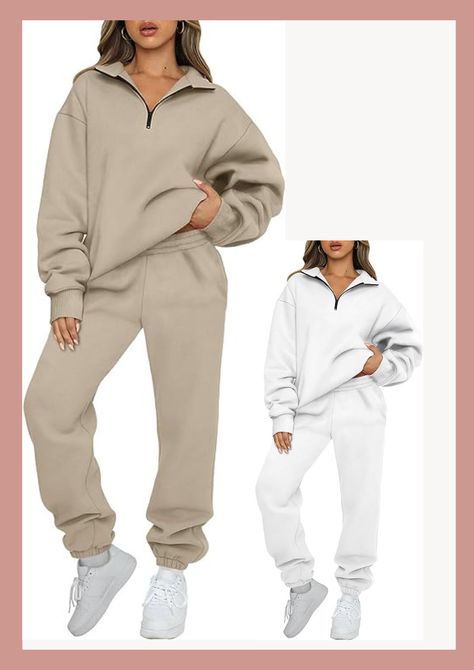 Womens 2 Piece Outfits, Fall Outings, High Waisted Sweatpants, Outfits Long Sleeve, Sweatpants With Pockets, Baggy Sweatpants, Sweatsuit Set, Half Zip Sweatshirt, Tracksuit Set