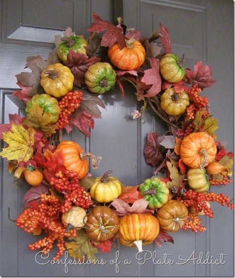 CONFESSIONS OF A PLATE ADDICT Fall Wreath Pumpkin Wreath Diy, Burlap Pumpkins, Pottery Barn Inspired, Door Wreaths Fall, Diy Fall Wreath, Fall Door, Pumpkin Wreath, Fabulous Fall, Fall Porch