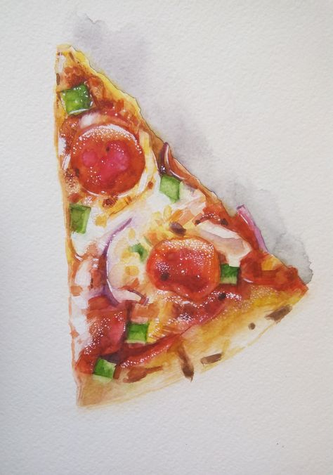 Pizza Painting, Pizza Watercolor, Pizza Illustration, Food Paintings, Gouache Illustration, Food Project, Pizza Art, Watercolor Gouache, Food Sketch