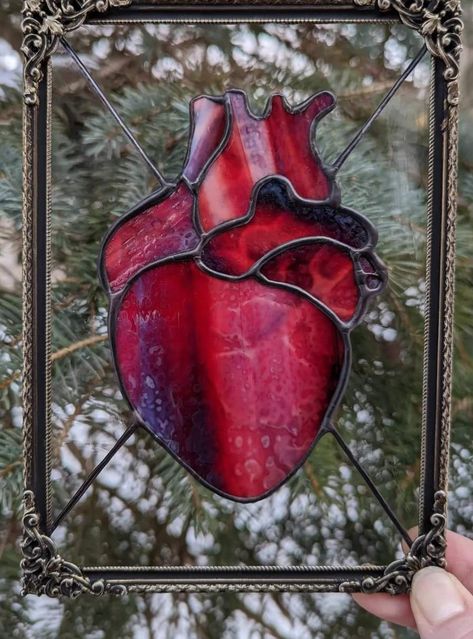 Anatomical Heart Stained Glass Pattern, Stained Glass Dark Academia, Funky Stained Glass Art, Witchy Stained Glass Art, Gothic Stained Glass Art, Goth Stained Glass Art, Stained Glass Ideas For Beginners, Stained Glass Inspiration, Cute Stained Glass Ideas