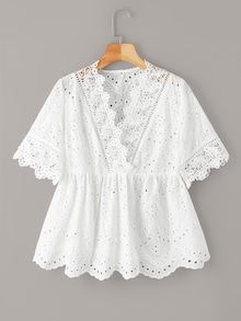 White Contrast Trim Bell Sleeve Button Blouse | SHEIN Blouse Peplum, Eyelet Embroidery, Fashion Tops Blouse, Scallop Trim, Trendy Fashion Tops, Peplum Blouse, Plus Size Blouses, White Blouse, Fashion Tops