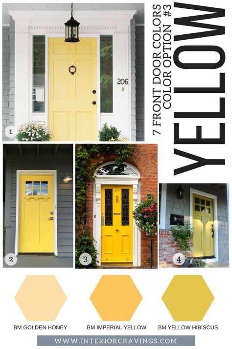 7 FRONT DOOR COLORS - yellow front doors inspiration and yellow paint codes and paint swatches Yellow Front Door Colors, Yellow Front Door, Yellow Farmhouse, Front Door Color, Exterior Door Colors, Front Door Inspiration, Yellow Front Doors, Interior Design Tools, Front Door Paint Colors