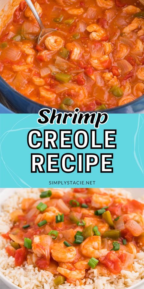 Two image collage of shrimp creole First image is the recipe in a blue pot. Second image is the recipe served over a bed of rice. Easy Shrimp Creole Recipe, Crawfish Etoufee Recipe, Shrimp Creole Recipe Easy, Shrimp Creole Recipe, Cajun Shrimp And Rice, Creole Shrimp Recipes, Shrimp Stuffed Mushrooms, Shrimp And Rice Recipes, Simply Stacie