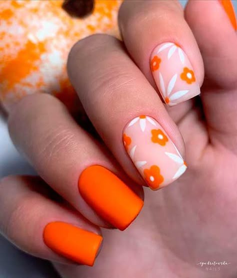 Autumn Orange Nails, Cute Orange Nails, Orange Nails Design, Nails With Orange, Nails For Autumn, Idea To Paint, Neon Orange Nails, Orange Nail Art, Orange Acrylic Nails