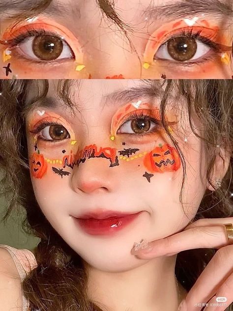 Girl Halloween Makeup, Cute Halloween Makeup, Orange Makeup, Halloween Eye Makeup, Ulzzang Makeup, Halloween Eyes, Halloween Makeup Easy, Crazy Makeup, Halloween Makeup Looks