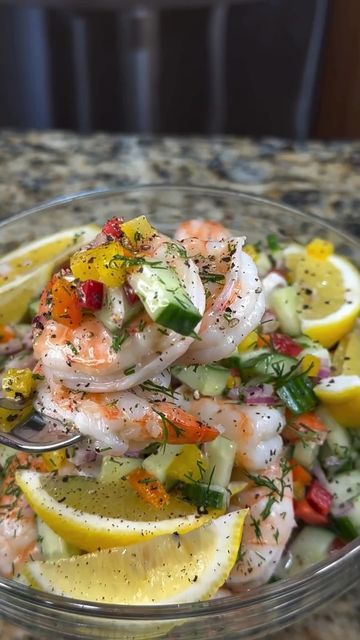 seafood on Instagram: "Summer Shrimp Salad 🥗 🍤

📽️ by @chefchuckcooks

Follow @seafoodishh for more🦞

2 pounds large, raw shrimp

For the poaching liquid:

3 quarts water
1 cut lemon
1 tablespoon Old Bay seasoning
1 tablespoon Kosher or sea salt
2 tablespoon black pepper corns
Bouquet garni- Lemongrass, parsley, and fresh dill

Directions:

Place all of the above ingredients in a soup pot over medium heat and let simmer for 20 minutes.

Add the shrimp, and cook for 4 minutes- strain and place in the refrigerator.

2 cups small dice English cucumber
1 cup diced red onion
1/2 cup each diced red, yellow and orange peppers
1 bunch chopped dill

Lemon-Honey Vinaigrette

Ingredients:

Zest of 2 lemons
Juice of 4 lemons
1/2 cup apple cider vinegar
1/2 cup honey
2 cups avocado oil
1 tablespoon Cold Shrimp Dishes, Seafood Cravings, Summer Shrimp, Honey Vinaigrette, Shrimp Risotto, Raw Shrimp, Impressive Appetizers, Shrimp Salad Recipes, Orange Peppers