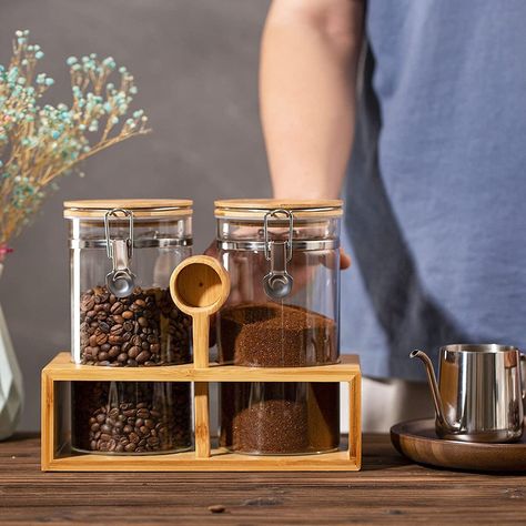 Coffee Container Ideas Storage, Coffee Bar Containers, Coffee Container Ideas, Coffee Bean Jar, Coffee Storage Containers, Coffee Bean Storage, Pasta Flour, Coffee Canisters, Coffee Organization