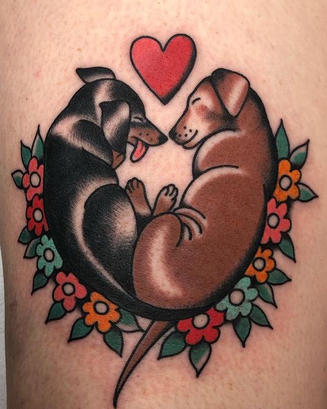 Sleeping pups for Becky ❤️thank you again! | Instagram American Tradition Dog Tattoo, Pet Tattoos American Traditional, Thigh Tattoos Women American Traditional, Traditional Pet Tattoo, Traditional Tattoos Dog, Old School Dog Tattoo, Dog Flash Tattoo, Dog Traditional Tattoo, Doggo Tattoo