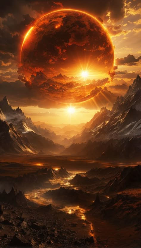 Image of a huge sun over a mountain landscape Sun Planet Aesthetic, Sun Kingdom, Astral Art, Sun Dragon, Dragon Kingdom, Blue Texture Background, Sun Background, Steampunk Artwork, Moon Kingdom