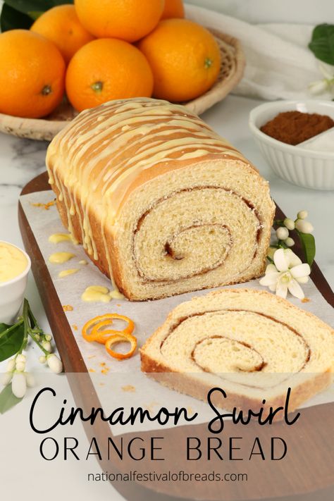 Cinnamon Swirl Orange Bread | National Festival of Breads Swirl Bread Recipe, Orange Bread Recipe, Orange Bread, Orange Icing, Spice Bread, Swirl Bread, Cinnamon Swirl Bread, National Festival, Christmas Bread