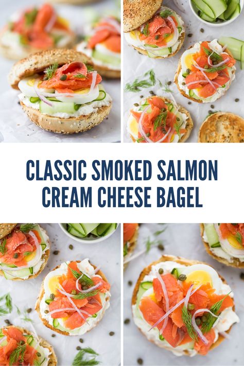 Searching for an eggless breakfast recipe alternative? Spread with cream cheese, this Smoked Salmon Bagel and Lox is a 5-minute breakfast full of crunchy veggie toppings. Top it with hard-boiled eggs, fresh dill, and capers for the perfect fancy breakfast or brunch. Bagels And Lox Recipe Smoked Salmon, Bagels Smoked Salmon, Smoked Salmon Cream Cheese Recipes, Locs And Bagels, Bagel And Salmon Cream Cheeses, Salmon On Bagel Cream Cheeses, Salmon Bagels Smoked, Locks And Bagels, Lox Recipe Breakfast