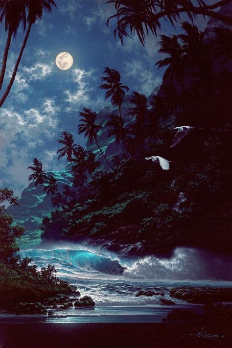 Dream Drawings, Hawaiian Painting, Night Paintings, Land Scaping, Dream Drawing, Ocean At Night, 70s Sci Fi Art, Moonlit Sky, Artistic Wallpaper