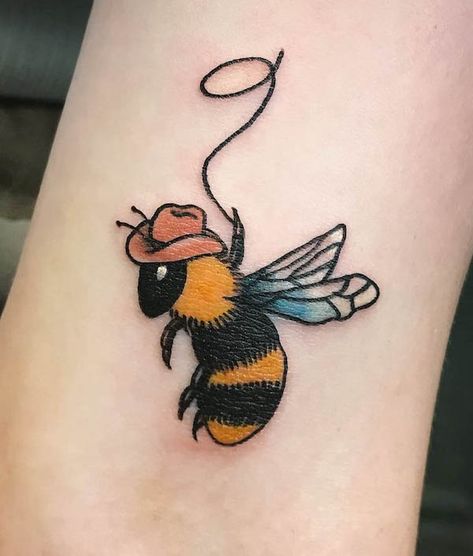 Easy Bee Tattoo, Bee Haw Tattoo, Honeybee Tattoo Design, Funny Bee Tattoo, Bee Movie Tattoo, Flower Tattoos With Bees, Bee With Cowboy Hat Tattoo, Frog And Bee Tattoo, Bee Flying Tattoo