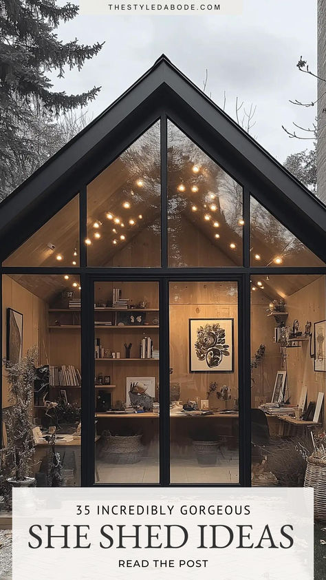 she shed ideas Pavillion Shed Combo, Garden Shed Conversion, Outdoor Shack Ideas, Converted Shed Ideas, Wellness Shed, She Shed With Greenhouse Attached, Garden Shack Ideas, Turn A Shed Into An Office, Cute She Shed Ideas