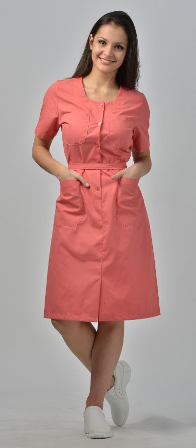 Button Front Dress | Avida Healthwear Inc. Uniform Dress Styles For Work, Scrub Dress Uniform Nurses, Dress Scrubs, Nurse Scrub Dress, Housekeeping Dress, Scrub Dress, Scrub Skirts, Nurse Fashion, Nurse Dress Uniform