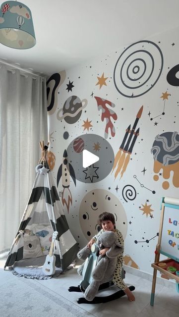 Munks and Me on Instagram: "Just where he wants to be 🚀 Our ‘To The Moon’ Wallpaper looks so perfect in this room! I hope he loves it @samantha.kanonji thanks so much sharing this little video. May he have loads of pretend explorations right here 💫 We love it" The Moon Wallpaper, Kids Room Storage, Ikea Inspiration, Montessori Room, Kids Room Murals, Storage Kids Room, Boys Room Ideas, Boy’s Room, Moon Wallpaper