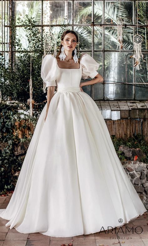 Ariamo Bridal 2022 Wedding Dresses | Wedding Inspirasi -- ariamo 2022 bridal elbow length puff sleeve square neckline clean minimalist a line ball gown wedding dress chapel train (serenity) mv #Ad #Ariamo #AriamoBridal #Sposa #Bridal #Wedding #Weddingdress #WeddingDresses #WeddingGown #WeddingGowns ~ Bridal Era, 2026 Wedding, Puff Sleeve Wedding Dress, Simple Wedding Gowns, Grand Wedding, Neck Wedding Dress, Bow Wedding Dress, Simple Gowns, Chiffon Wedding Dress