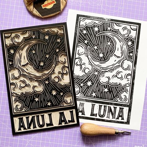 Tarot Cards Linocut, Woodcut Art Ideas, Lino Christmas Cards Linocut Prints, Linoleum Stamp Ideas, Linoleum Print Ideas, Lino Cut Ideas, Lino Print Ideas, Linoleum Prints, Rubber Stamps Diy