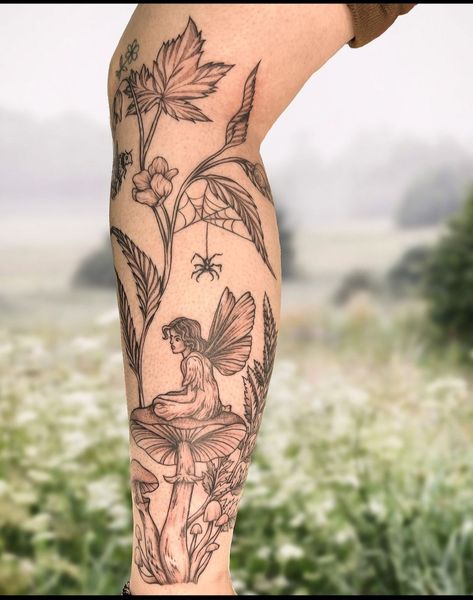 Garden Tattoo Thigh, Swamp Tattoo Sleeve, Feminine Leg Tattoos Thigh Piece, Moss Tattoo Nature, Enchanted Forest Tattoo Ideas, Hippie Leg Tattoo, Whimsical Garden Tattoo, Fairy Forest Tattoo, Swamp Tattoo Ideas