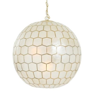 Creative Co-Op Capiz Honeycomb Globe Chandelier Pendant Light, Capiz White Seashells w/ Antique Gold | Ashley Furniture HomeStore Honeycomb Chandelier, La Kitchen, Capiz Chandelier, Bar Pendants, La House, Gold Globe, Beach Furniture, Lights Chandelier, Primary Suite