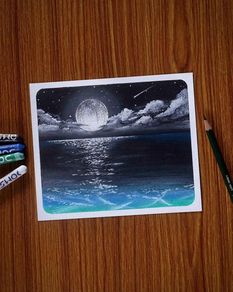 Moonlight Scenery, Art Scenery, Soft Pastels Drawing, Scenery Drawing, Oil Pastel Paintings, Pastel Paintings, Oil Color, Oil Pastel Art, Gouache Art